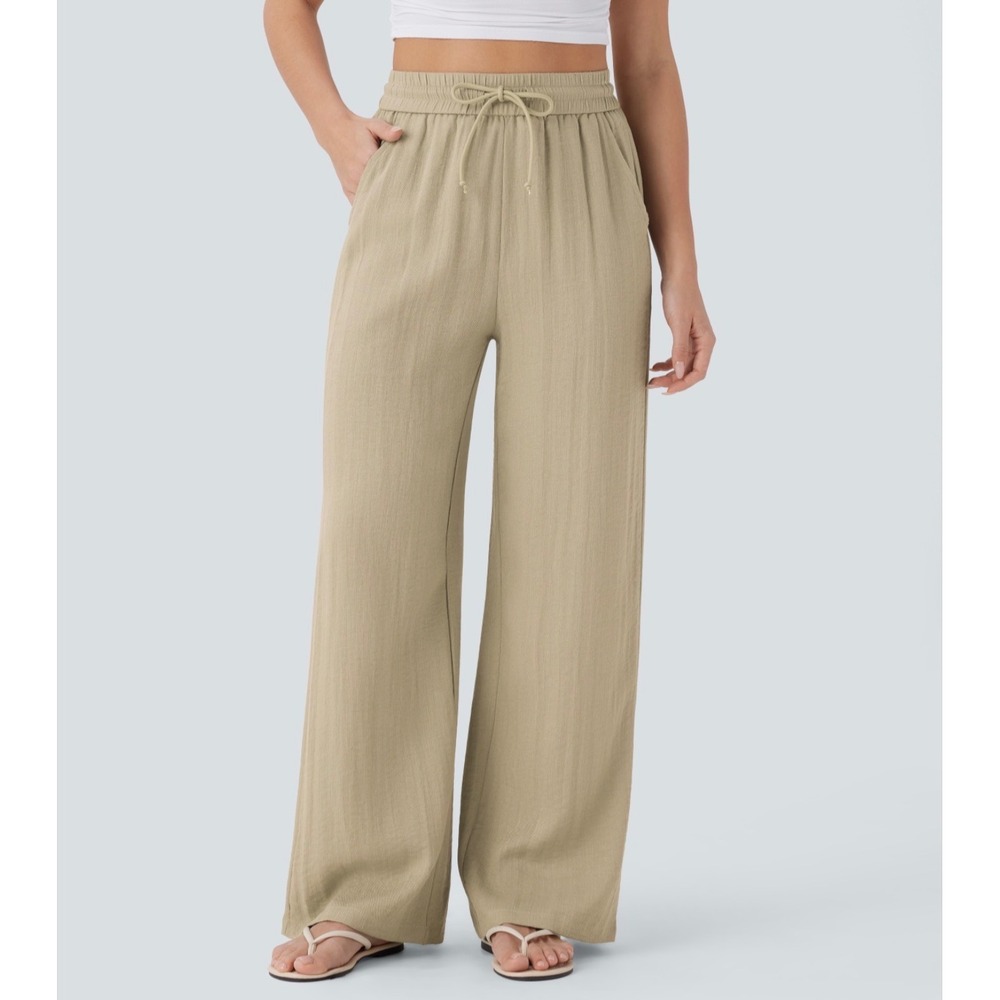 Halara S Petite High Waisted Drawstring Wide Leg Baggy Linen-Feel Pants Khaki